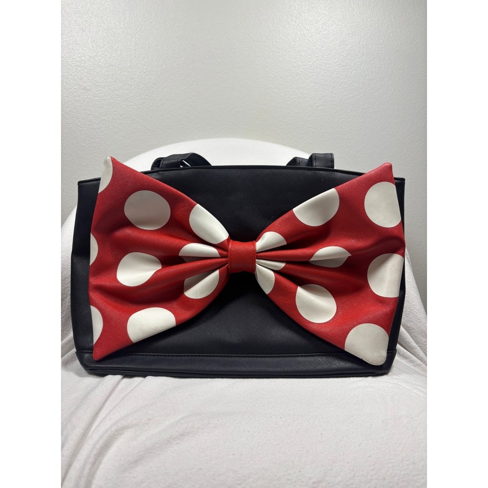 Disney‎ Minnie Mouse Black Saffiano Tote Bag Red Polka Dot leather shoulder bag